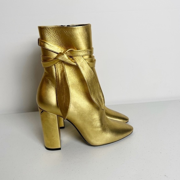SAINT LAURENT Lou Metallic Gold Leather Ankle-Wrap Boot - Picture 1 of 8